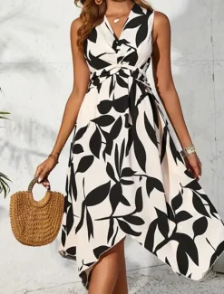 New Women's Midi Dress Casual Dress Swing Dress A Line Dress Stylish Casual Vacation Daily Regular Fit Leaf Sleeveless V Neck Light Pink Blue Purple Apricot Summer Women Floral Dresses