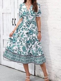Discount Women's Midi Dress Casual Dress Swing Dress A Line Dress Summer Dress Streetwear A Line Vacation Street Holiday Regular Fit Floral Short Sleeve V Neck Black Red Blue Green Summer Women Spring Dresses|Floral Dresses