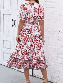 Discount Women's Midi Dress Casual Dress Swing Dress A Line Dress Summer Dress Streetwear A Line Vacation Street Holiday Regular Fit Floral Short Sleeve V Neck Black Red Blue Green Summer Women Spring Dresses|Floral Dresses