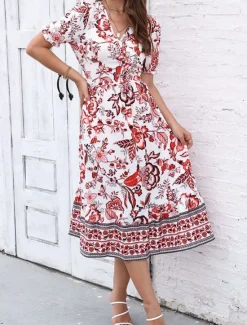 Discount Women's Midi Dress Casual Dress Swing Dress A Line Dress Summer Dress Streetwear A Line Vacation Street Holiday Regular Fit Floral Short Sleeve V Neck Black Red Blue Green Summer Women Spring Dresses|Floral Dresses