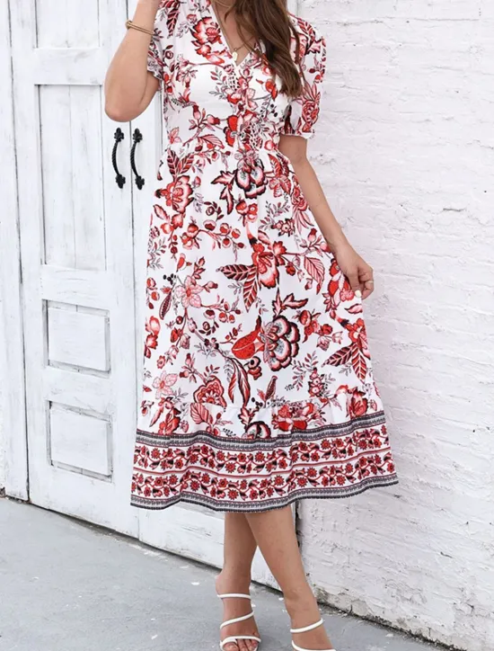 Discount Women's Midi Dress Casual Dress Swing Dress A Line Dress Summer Dress Streetwear A Line Vacation Street Holiday Regular Fit Floral Short Sleeve V Neck Black Red Blue Green Summer Women Spring Dresses|Floral Dresses