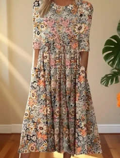 Clearance Women's Midi Dress Casual Dress Print Dress Basic Romantic Casual Vacation Daily Fall Dress Regular Fit Floral Graphic Half Sleeve Crew Neck Yellow Blue Orange Fall Women Floral Dresses