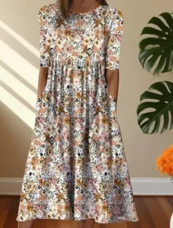 Clearance Women's Midi Dress Casual Dress Print Dress Basic Romantic Casual Vacation Daily Fall Dress Regular Fit Floral Graphic Half Sleeve Crew Neck Yellow Blue Orange Fall Women Floral Dresses