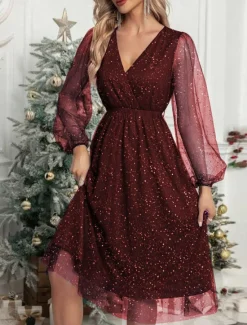 Women's Midi Dress Casual Dress Cocktail Dress Wedding Guest Dress Chiffon Dress Casual Sports & Outdoor Street Regular Fit Plain Long Sleeve V Neck Black Wine Green Fall Winter Women Cocktail Dress