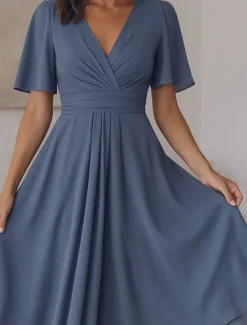 New Women's Midi Dress Casual Dress Cocktail Dress Wedding Guest Dress Chiffon Dress Elegant Modern Mature Outdoor Office Date Regular Fit Plain Short Sleeve V Neck Summer Women Cocktail Dress