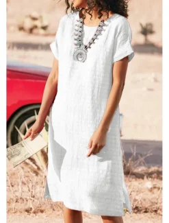Clearance Women's Midi Dress Casual Dress Cotton Linen Dress Fashion Modern Outdoor Going out Weekend Regular Fit Plain Short Sleeve Crew Neck Black White Red Gray Summer Women Casual Dress