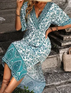 New Women's Midi Dress Casual Dress A Line Dress Summer Dress Boho Dress Hawaiian Stylish Vacation Daily Date Regular Fit Floral Short Sleeve V Neck Summer Women Spring Dresses