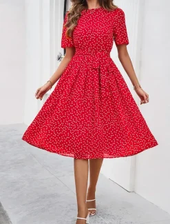 Discount Women's Midi Dress Casual Dress Summer Dress Streetwear Vacation Street Holiday Regular Fit Polka Dot Short Sleeve Crew Neck Black Red Blue Green Summer Women Cocktail Dress