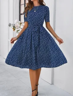 Discount Women's Midi Dress Casual Dress Summer Dress Streetwear Vacation Street Holiday Regular Fit Polka Dot Short Sleeve Crew Neck Black Red Blue Green Summer Women Cocktail Dress