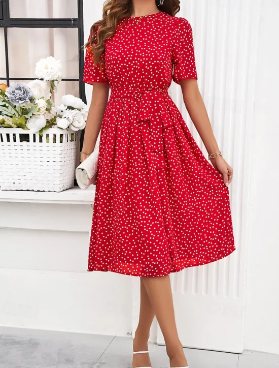 Discount Women's Midi Dress Casual Dress Summer Dress Streetwear Vacation Street Holiday Regular Fit Polka Dot Short Sleeve Crew Neck Black Red Blue Green Summer Women Cocktail Dress