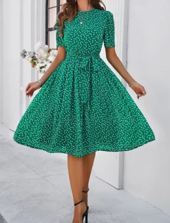 Discount Women's Midi Dress Casual Dress Summer Dress Streetwear Vacation Street Holiday Regular Fit Polka Dot Short Sleeve Crew Neck Black Red Blue Green Summer Women Cocktail Dress