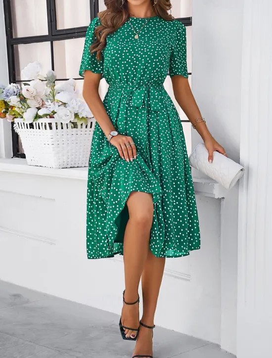 Discount Women's Midi Dress Casual Dress Summer Dress Streetwear Vacation Street Holiday Regular Fit Polka Dot Short Sleeve Crew Neck Black Red Blue Green Summer Women Cocktail Dress