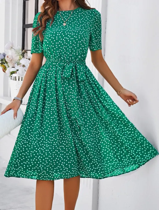 Discount Women's Midi Dress Casual Dress Summer Dress Streetwear Vacation Street Holiday Regular Fit Polka Dot Short Sleeve Crew Neck Black Red Blue Green Summer Women Cocktail Dress