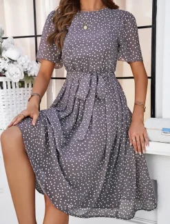 Discount Women's Midi Dress Casual Dress Summer Dress Streetwear Vacation Street Holiday Regular Fit Polka Dot Short Sleeve Crew Neck Black Red Blue Green Summer Women Cocktail Dress