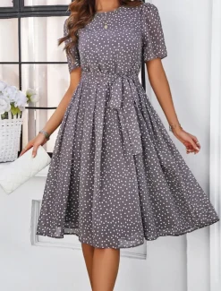 Discount Women's Midi Dress Casual Dress Summer Dress Streetwear Vacation Street Holiday Regular Fit Polka Dot Short Sleeve Crew Neck Black Red Blue Green Summer Women Cocktail Dress