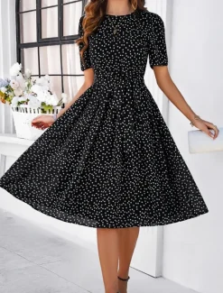 Discount Women's Midi Dress Casual Dress Summer Dress Streetwear Vacation Street Holiday Regular Fit Polka Dot Short Sleeve Crew Neck Black Red Blue Green Summer Women Cocktail Dress