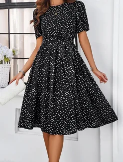 Discount Women's Midi Dress Casual Dress Summer Dress Streetwear Vacation Street Holiday Regular Fit Polka Dot Short Sleeve Crew Neck Black Red Blue Green Summer Women Cocktail Dress
