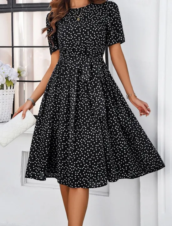 Discount Women's Midi Dress Casual Dress Summer Dress Streetwear Vacation Street Holiday Regular Fit Polka Dot Short Sleeve Crew Neck Black Red Blue Green Summer Women Cocktail Dress