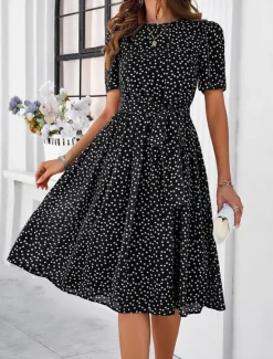 Discount Women's Midi Dress Casual Dress Summer Dress Streetwear Vacation Street Holiday Regular Fit Polka Dot Short Sleeve Crew Neck Black Red Blue Green Summer Women Cocktail Dress