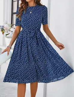 Discount Women's Midi Dress Casual Dress Summer Dress Streetwear Vacation Street Holiday Regular Fit Polka Dot Short Sleeve Crew Neck Black Red Blue Green Summer Women Cocktail Dress