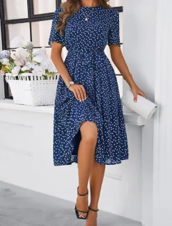 Discount Women's Midi Dress Casual Dress Summer Dress Streetwear Vacation Street Holiday Regular Fit Polka Dot Short Sleeve Crew Neck Black Red Blue Green Summer Women Cocktail Dress