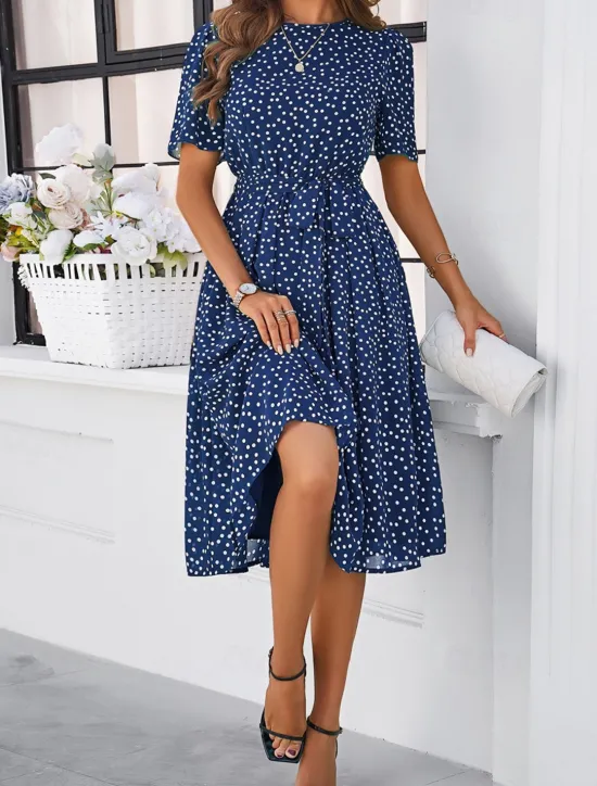 Discount Women's Midi Dress Casual Dress Summer Dress Streetwear Vacation Street Holiday Regular Fit Polka Dot Short Sleeve Crew Neck Black Red Blue Green Summer Women Cocktail Dress