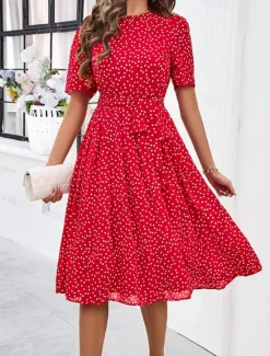 Discount Women's Midi Dress Casual Dress Summer Dress Streetwear Vacation Street Holiday Regular Fit Polka Dot Short Sleeve Crew Neck Black Red Blue Green Summer Women Cocktail Dress
