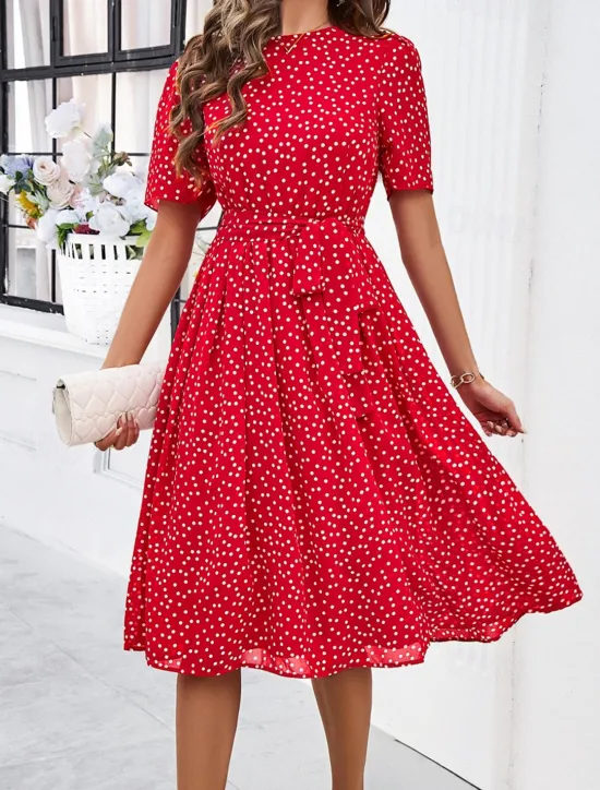Discount Women's Midi Dress Casual Dress Summer Dress Streetwear Vacation Street Holiday Regular Fit Polka Dot Short Sleeve Crew Neck Black Red Blue Green Summer Women Cocktail Dress