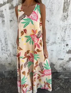 Sale Women's Midi Dress Casual Dress A Line Dress Stylish Casual Vacation Daily Beach Regular Fit Floral Leaf Sleeveless V Neck Dark Blue Apricot Beige Summer Women Vacation Dresses
