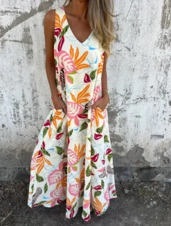 Sale Women's Midi Dress Casual Dress A Line Dress Stylish Casual Vacation Daily Beach Regular Fit Floral Leaf Sleeveless V Neck Dark Blue Apricot Beige Summer Women Vacation Dresses