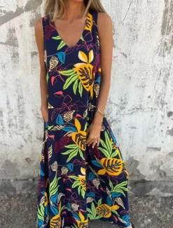 Sale Women's Midi Dress Casual Dress A Line Dress Stylish Casual Vacation Daily Beach Regular Fit Floral Leaf Sleeveless V Neck Dark Blue Apricot Beige Summer Women Vacation Dresses