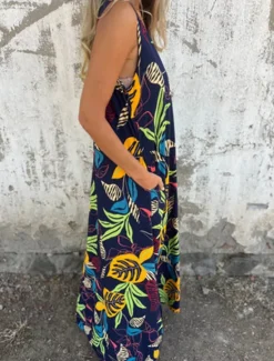 Sale Women's Midi Dress Casual Dress A Line Dress Stylish Casual Vacation Daily Beach Regular Fit Floral Leaf Sleeveless V Neck Dark Blue Apricot Beige Summer Women Vacation Dresses