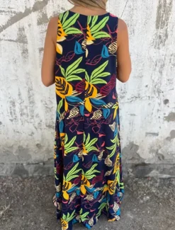 Sale Women's Midi Dress Casual Dress A Line Dress Stylish Casual Vacation Daily Beach Regular Fit Floral Leaf Sleeveless V Neck Dark Blue Apricot Beige Summer Women Vacation Dresses