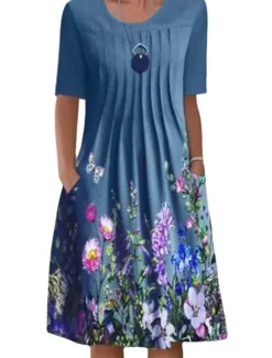 Hot Women's Midi Dress Casual Dress Floral Ruched Pocket Crew Neck Basic Classic Daily Short Sleeve Summer Spring Women T Shirt Dresses