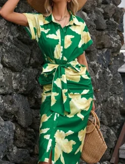 Best Women's Midi Dress Casual Dress A Line Dress Stylish Casual Vacation Daily Regular Fit Floral Leaf Short Sleeve Shirt Collar Red Green Summer Women Spring Dresses