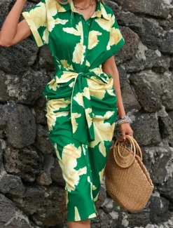 Best Women's Midi Dress Casual Dress A Line Dress Stylish Casual Vacation Daily Regular Fit Floral Leaf Short Sleeve Shirt Collar Red Green Summer Women Spring Dresses