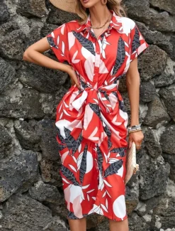 Best Women's Midi Dress Casual Dress A Line Dress Stylish Casual Vacation Daily Regular Fit Floral Leaf Short Sleeve Shirt Collar Red Green Summer Women Spring Dresses