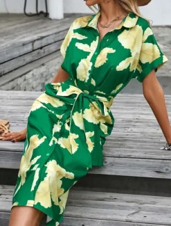 Best Women's Midi Dress Casual Dress A Line Dress Stylish Casual Vacation Daily Regular Fit Floral Leaf Short Sleeve Shirt Collar Red Green Summer Women Spring Dresses