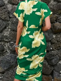 Best Women's Midi Dress Casual Dress A Line Dress Stylish Casual Vacation Daily Regular Fit Floral Leaf Short Sleeve Shirt Collar Red Green Summer Women Spring Dresses