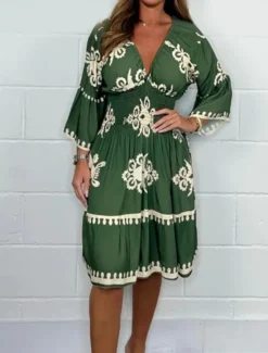Best Women's Midi Dress Casual Dress Boho Chic Dresses Boho Dress Bohemia Casual Boho Vacation Daily Beach Loose Fit Graphic Long Sleeve V Neck Black Red Green Apricot Summer Spring Women Spring Dresses|Floral Dresses