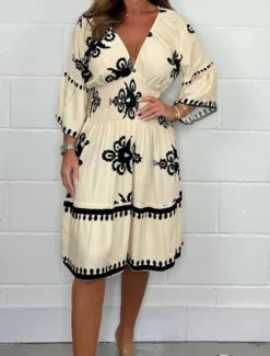 Best Women's Midi Dress Casual Dress Boho Chic Dresses Boho Dress Bohemia Casual Boho Vacation Daily Beach Loose Fit Graphic Long Sleeve V Neck Black Red Green Apricot Summer Spring Women Spring Dresses|Floral Dresses