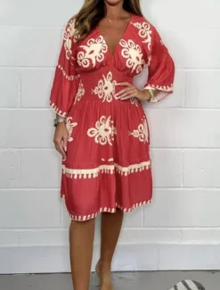 Best Women's Midi Dress Casual Dress Boho Chic Dresses Boho Dress Bohemia Casual Boho Vacation Daily Beach Loose Fit Graphic Long Sleeve V Neck Black Red Green Apricot Summer Spring Women Spring Dresses|Floral Dresses