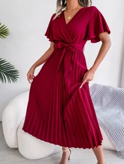 Hot Women's Midi Dress Casual Dress A Line Dress Stylish Basic Casual Vacation Daily Regular Fit Plain Short Sleeve V Neck Red Green Summer Spring Women Cocktail Dress