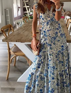 Outlet Women's Midi Dress Casual Dress Elegant Bohemia Stylish Vacation Daily Regular Fit Floral Sleeveless V Neck Summer Women Floral Dresses|Spring Dresses