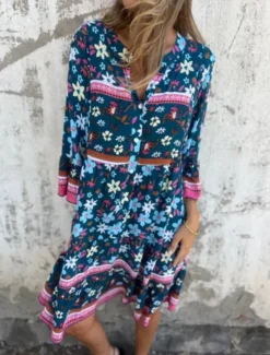 Outlet Women's Midi Dress Casual Dress Boho Chic Dresses Bohemia Casual Boho Vacation Daily Beach Loose Fit Floral 3/4 Length Sleeve Shirt Collar Navy Blue Royal Blue Purple Summer Spring Women Floral Dresses