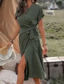 Best Women's Midi Dress Casual Dress Wrap Dress A Line Dress Basic Casual Vacation Daily Regular Fit Plain Short Sleeve V Neck Blue Brown Green Summer Women Work Dresses