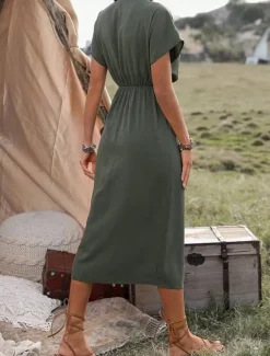 Best Women's Midi Dress Casual Dress Wrap Dress A Line Dress Basic Casual Vacation Daily Regular Fit Plain Short Sleeve V Neck Blue Brown Green Summer Women Work Dresses