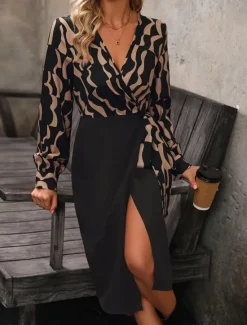 Discount Women's Midi Dress Casual Dress Wrap Dress A Line Dress Stylish Casual Vacation Daily Regular Fit Color Block Long Sleeve V Neck Spring Fall Women Work Dresses