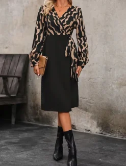 Discount Women's Midi Dress Casual Dress Wrap Dress A Line Dress Stylish Casual Vacation Daily Regular Fit Color Block Long Sleeve V Neck Spring Fall Women Work Dresses