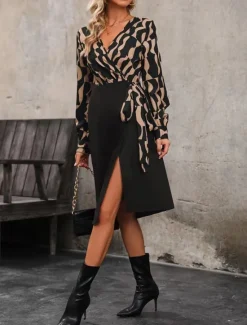 Discount Women's Midi Dress Casual Dress Wrap Dress A Line Dress Stylish Casual Vacation Daily Regular Fit Color Block Long Sleeve V Neck Spring Fall Women Work Dresses